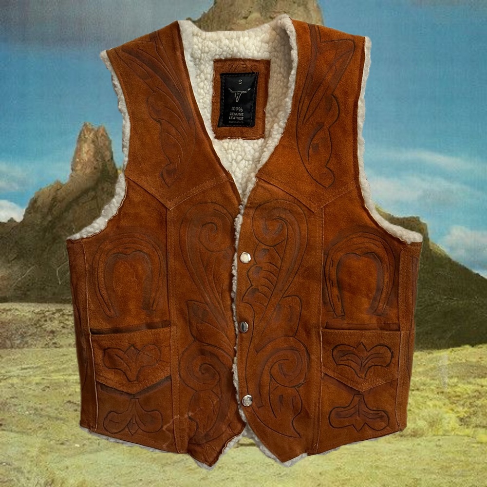 VINTAGE HANDMADE - Tan Suede Western Style Vest w/ Wool Trim - One of a Kind